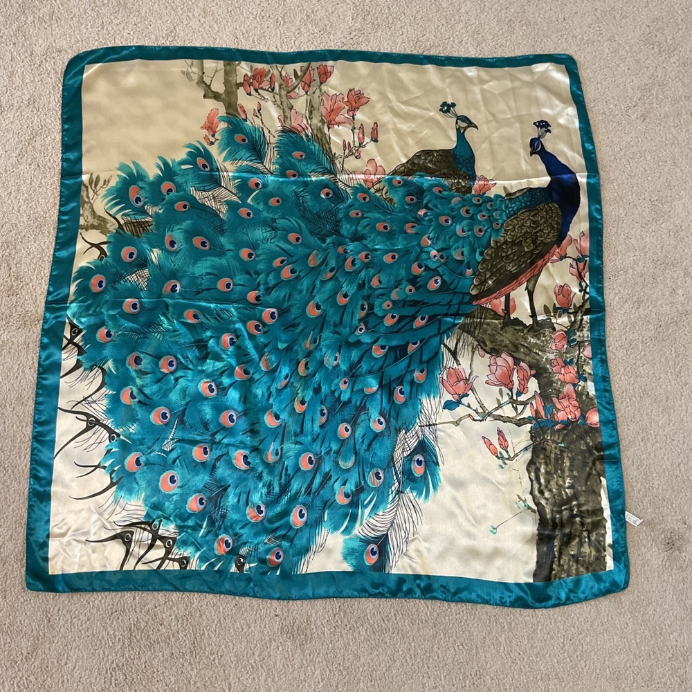 Teal Peacock Floral Satin Square Neck Scarf Large Hair Wrap Handbag Accessory